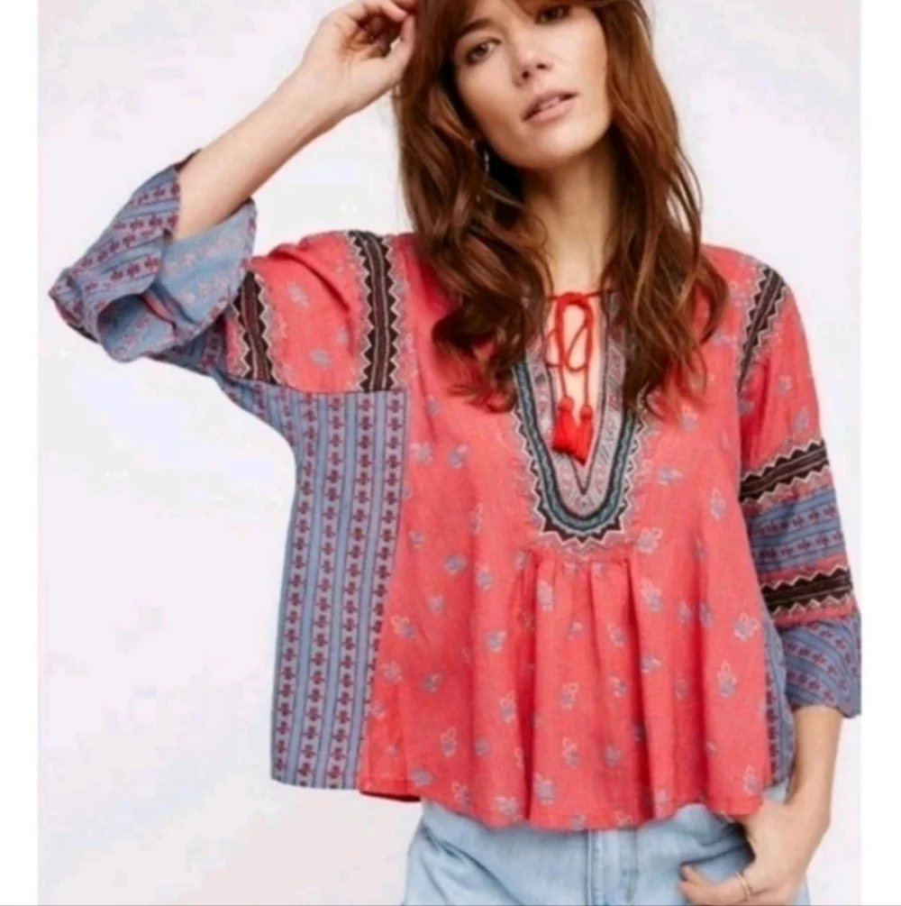 Boho V-Neck Tassel Peasant Top in Coral Mix - Picture 2 of 13